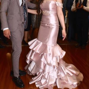 blush off the shoulder mermaid gown